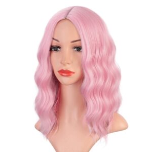 Earfodo Light Pink Wig For Women Short Curly Wavy Bob Wig 14 Inch Shoulder Length Middle Part Pastel Pink Wig Heat Resistant Synthetic Party Costume Cosplay Wig For Girls Wear Colorful Wigs