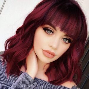 Nnzes Curly Bob Wig Short Synthetic Wine Red Wig with Bangs Natural Looking Heat Resistant Fiber Hair for Women