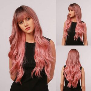 Pink Wig with Bangs Colored Long Wavy Ombre Pink Wigs for Women Everyday/Party/Cosplay 26 inch (Pink Wig - A)
