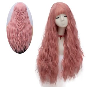 Netgo Women's Purple Long Wavy Heat Resistant Fiber Wig with Fringe Pink