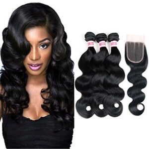 Fabeauty Peruvian Body Wave Human Hair 3 Bundles with Closure 100% 7a Unprocessed Virgin Soft Hair Extensions Bundles with Lace Closure(44)