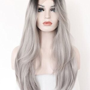 K'ryssma Ombre Gray 2 Tones Synthetic Lace Front Wig Dark Roots Long Natural Straight Silver Grey Replacement Hair Wigs For Women Heat Resistant Fiber 22"